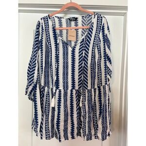NEW BLOOM CHIC Boho Tunic Dress Blue Geometric Print Tassel 3/4 Sleeve Boho